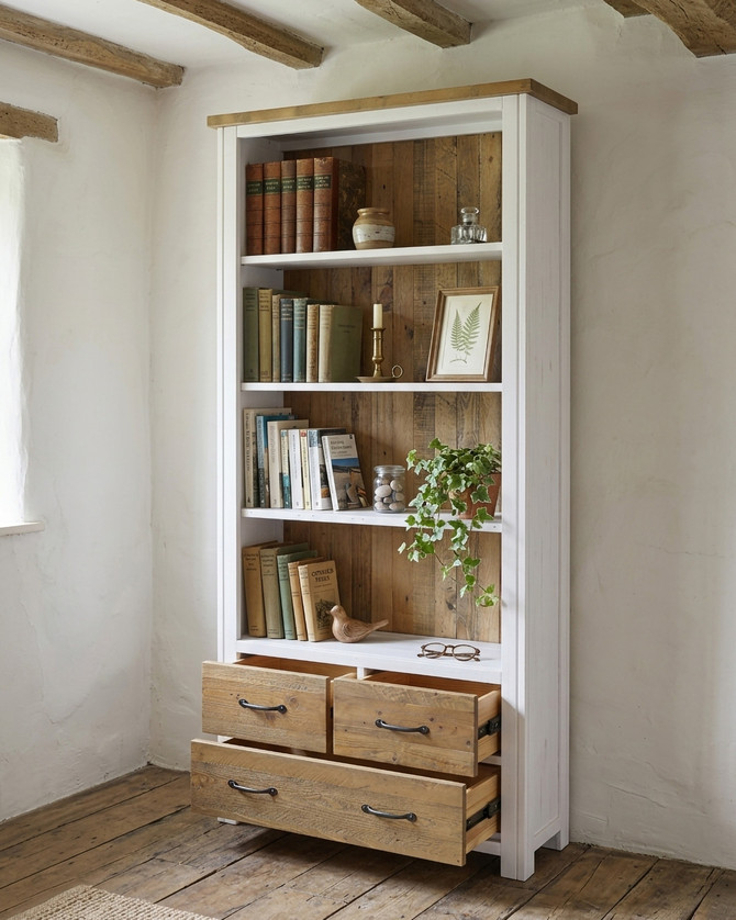 Chalkwash White Large Open Bookcase with Drawers WFS-BH-CHA01A
