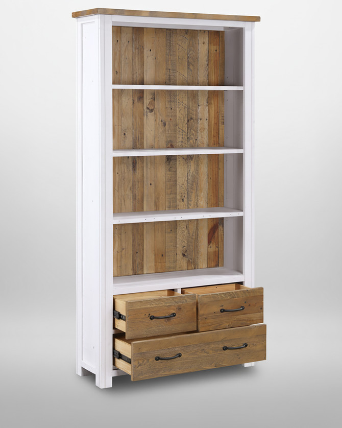 Chalkwash White Large Open Bookcase with Drawers WFS-BH-CHA01A, a white wooden furniture piece featuring open shelves with a natural wood back and a set of three drawers at the bottom with black handles.