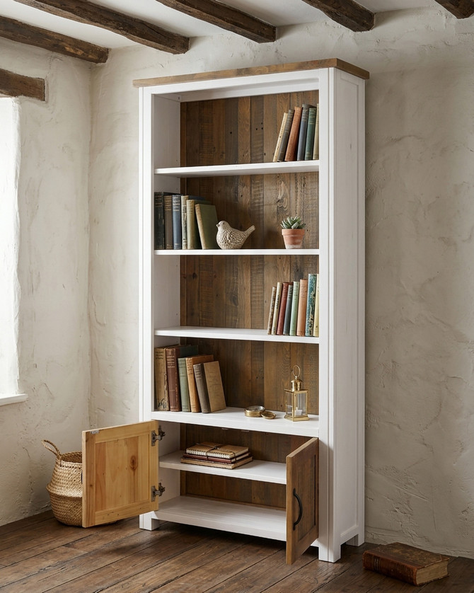 Chalkwash White Large Open Bookcase with Doors WFS-BH-CHA01B