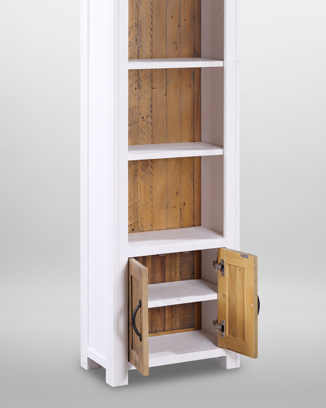 Chalkwash White Narrow Bookcase WFS-BH-CHA01C, white and natural wood open storage cabinet with two doors, interior shelves for organization.