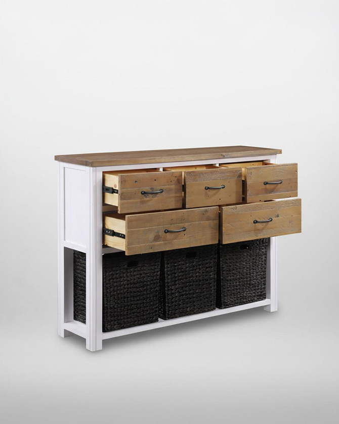 Splash of White Sideboard / Console Table VTTW02C, wooden sideboard with six drawers and storage baskets, white frame with natural wood drawers and top.