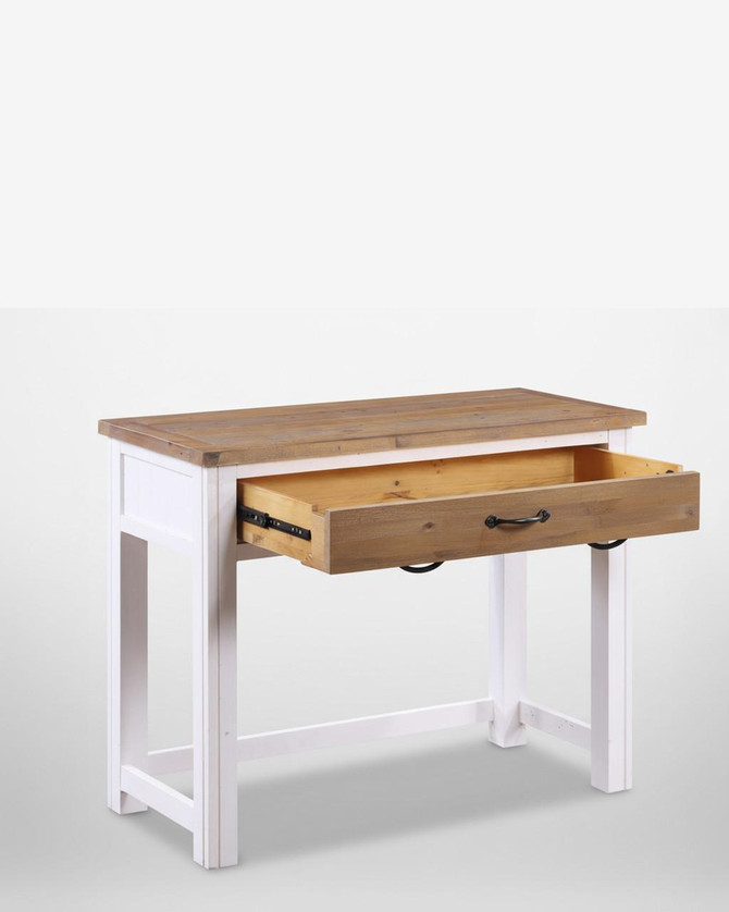 Splash of White Spacesaver Desk VTTW06A, wooden desk with a white painted frame and a natural wood top, featuring a single open drawer with a black handle. Splash of White Spacesaver Desk VTTW06A, wooden desk with a white painted frame and a natural wood top, featuring a single open drawer with a black handle.