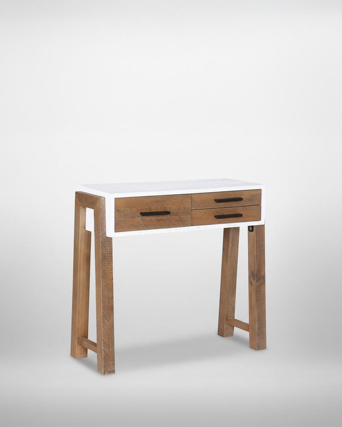 Trinity Reclaimed Small Console Table VWP02B, image of a wooden console table with four drawers and a white top, standing on four angled wooden legs. Trinity Reclaimed Small Console Table VWP02B, image of a wooden console table with four drawers and a white top, standing on four angled wooden legs.