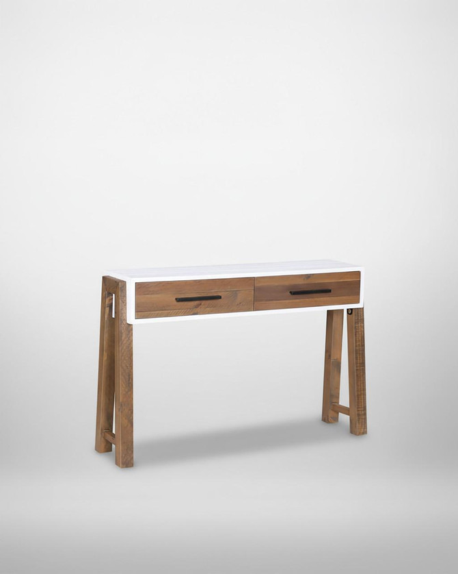 Trinity Reclaimed Open Console Table VWP02E, wooden console table with two drawers and a white frame, supported by angled wooden legs.