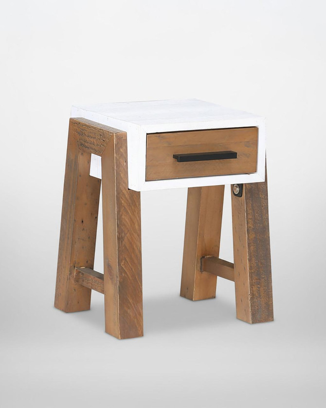 Trinity Reclaimed Open Side Table With One Drawer VWP10B, wooden side table featuring a reclaimed wood finish, open side design and a single black drawer handle.