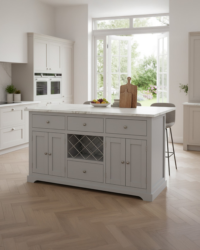 Grey Kitchen Island With White Marble Worktop - WFS-BH-CKI01A-W Grey Kitchen Island With White Marble Worktop - WFS-BH-CKI01A-W