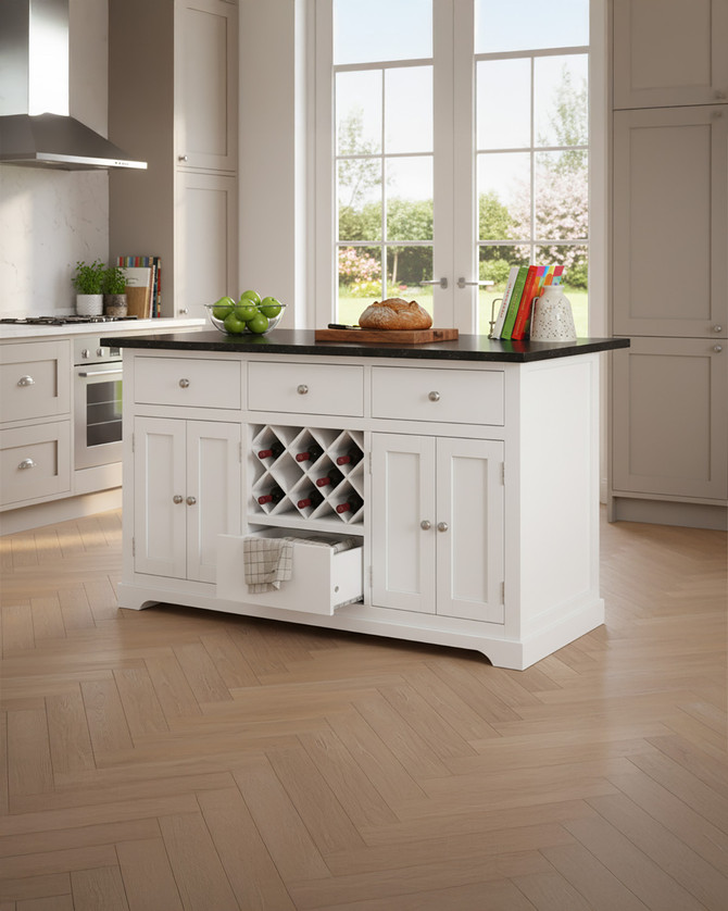 White Lingham Kitchen Island finished with a Black Granite Worktop - WFS-BH-LIN01B-B