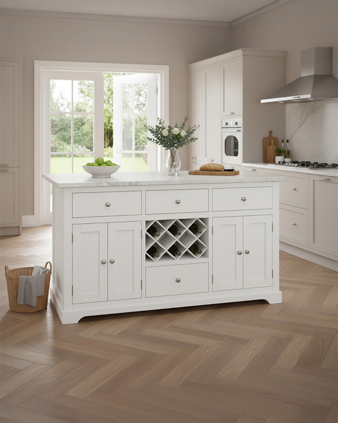 White Kitchen Island With White Marble Worktop - WFS-BH-CKI01B-W White Kitchen Island With White Marble Worktop - WFS-BH-CKI01B-W