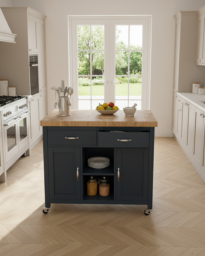 Lingham Blue Painted Kitchen Trolley finished with a Butcher’s Block Worktop - WFS-BH-LIN01C