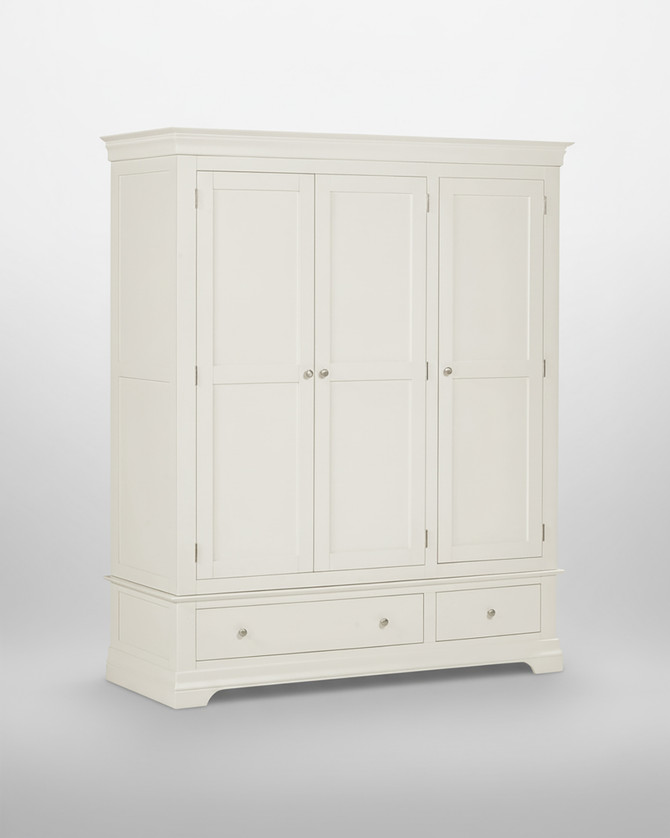 Vermont 3 Door Wardrobe in Ivory, showing a classic wooden wardrobe with three doors and two drawers at the bottom, designed for ample storage.