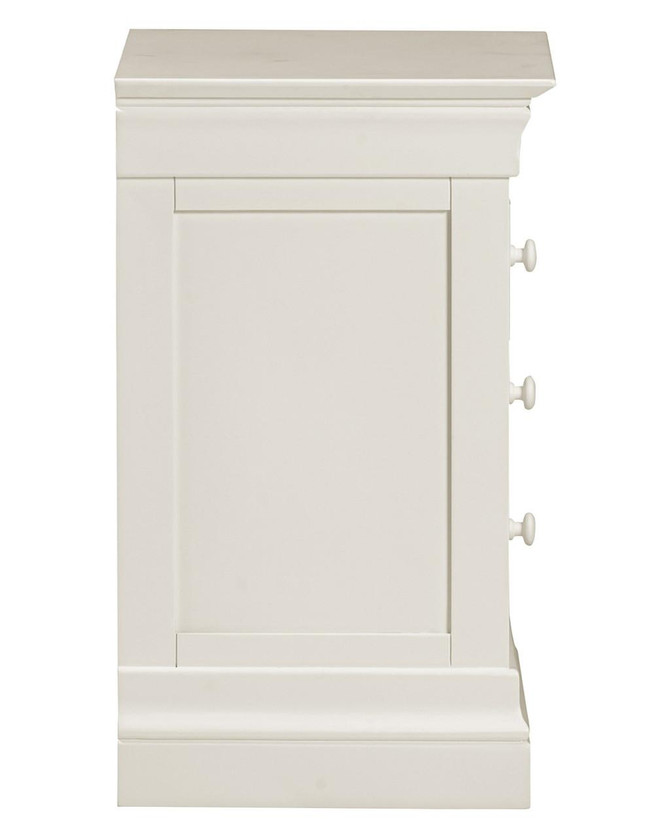 Vermont 3 Drawer Bedside in Ivory, front view of the elegant bedroom nightstand with three drawers and classic design.