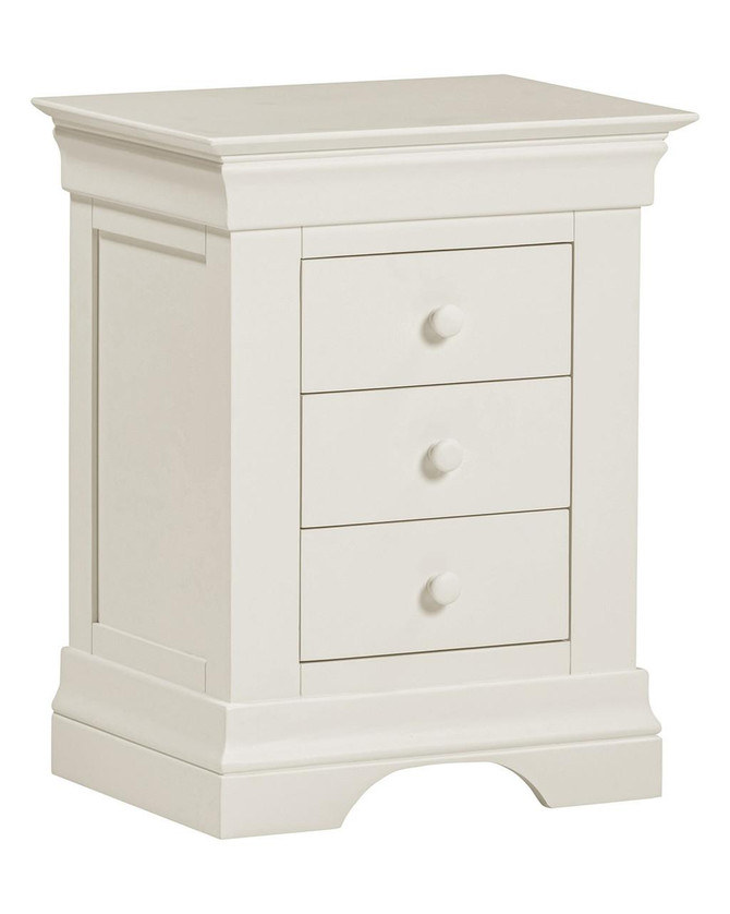 Vermont 3 Drawer Bedside in Ivory, product image showing a white bedside table with three drawers and round knobs, classic design with a sturdy base and elegant top edge.
