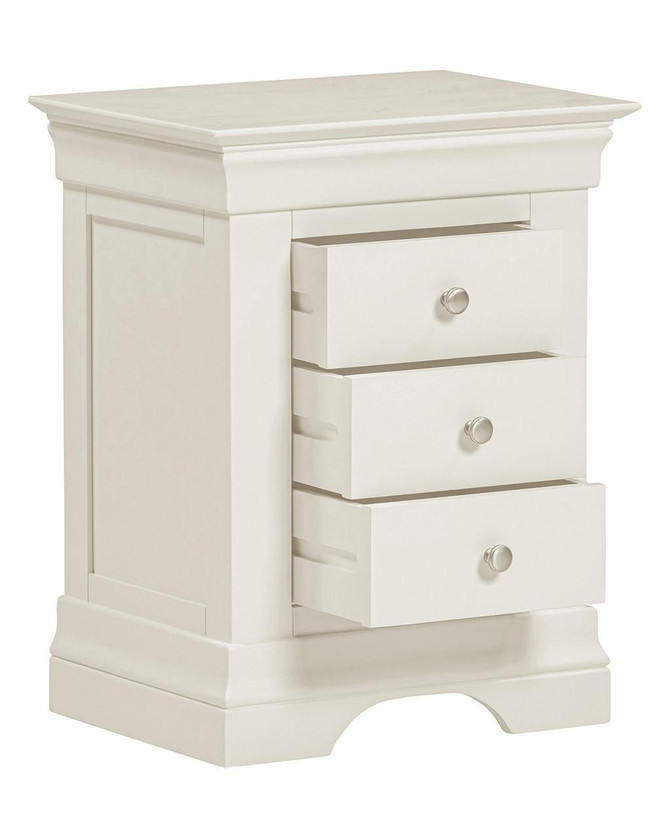 Vermont 3 Drawer Bedside in Ivory, product image showing a traditional style white bedside table with three drawers and silver knobs, featuring a classic design with decorative molding and a sturdy base.