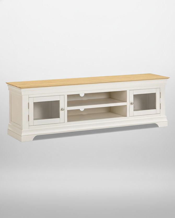 Vermont TV Stand in Ivory/Oak VM300-305-062, elegant TV console with glass cabinet doors and open shelves in a classic design