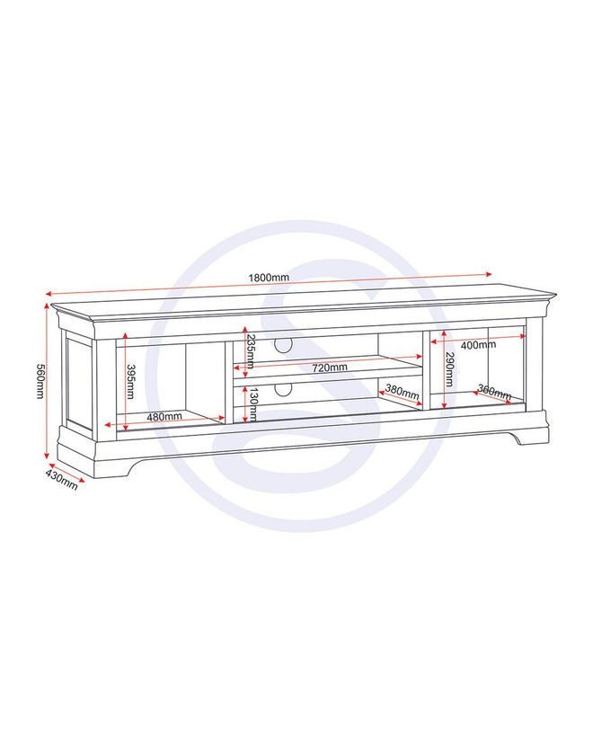 Vermont TV Stand in Ivory/Oak VM300-305-062, detailed technical drawing with measurements for width, height, and compartments.
