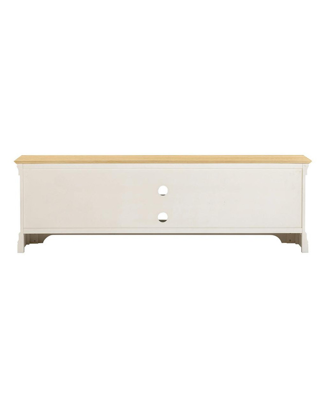 Vermont TV Stand in Ivory/Oak VM300-305-062, modern wooden TV stand with ivory base and oak top, includes two circular cutout holes for cable management.