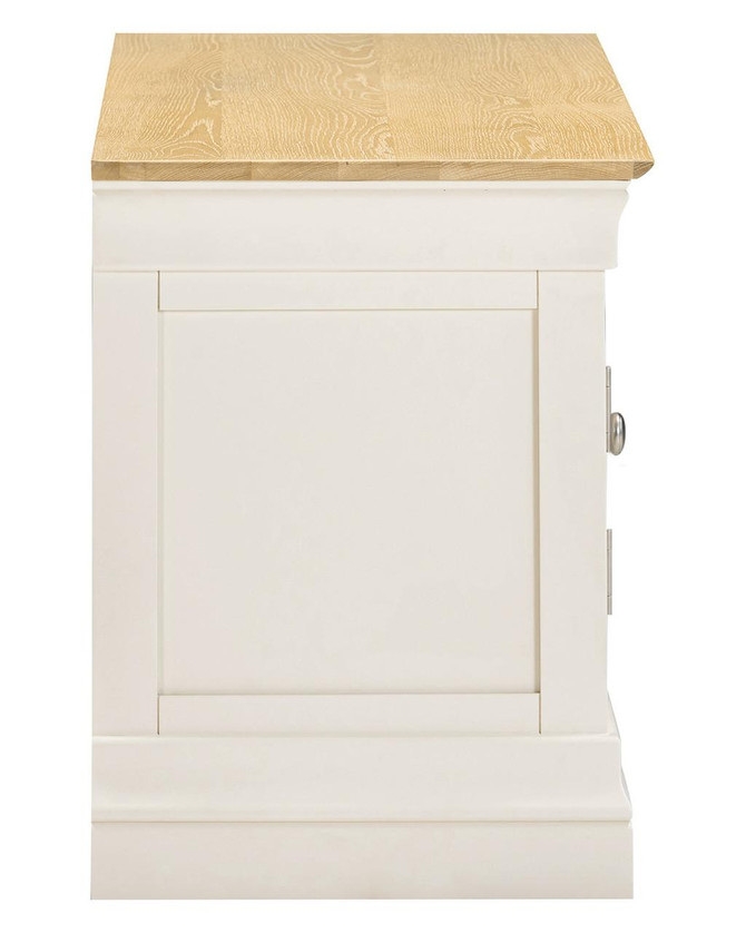 Vermont Small TV Stand in Ivory/Oak, front view of a white wood TV stand with a natural oak top and storage cabinet.