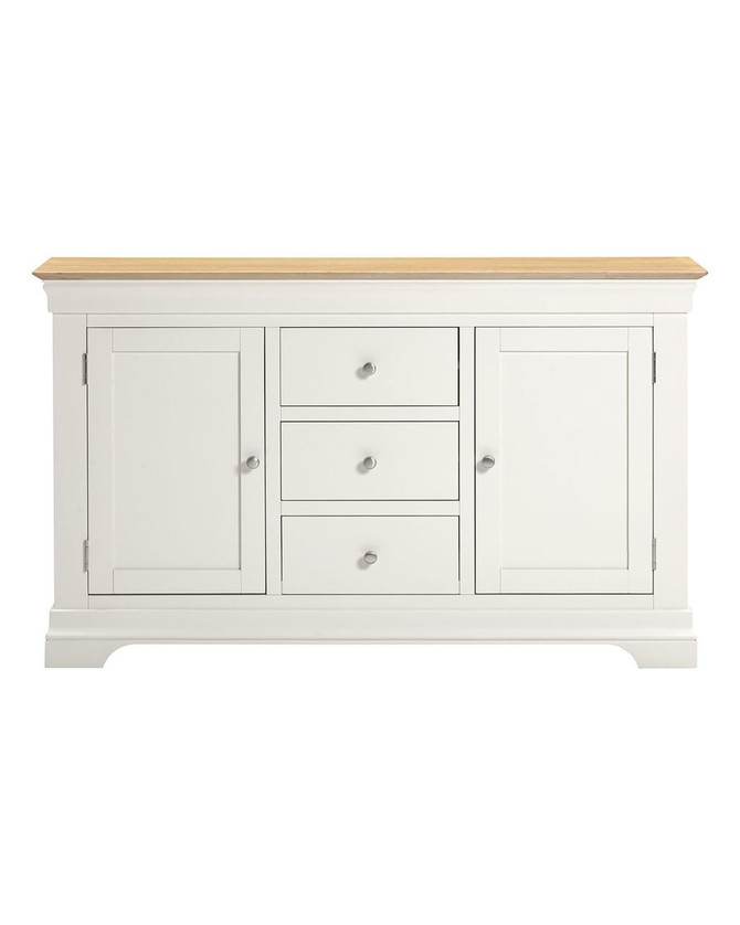 Vermont 2 Door 3 Drawer Sideboard, elegant furniture piece with a white finish, oak top, featuring two cabinet doors and three central drawers for versatile storage.