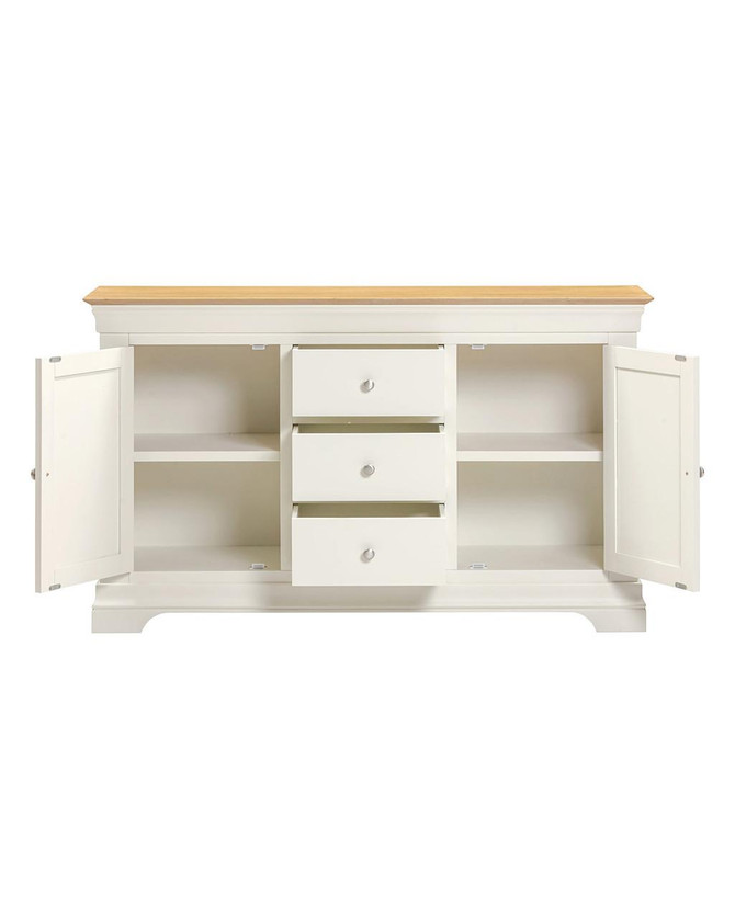 Vermont 2 Door 3 Drawer Sideboard in Ivory/Oak VM400-405-053, showcasing a stylish sideboard with two doors on each side, three central drawers, and a natural oak top against a white background.