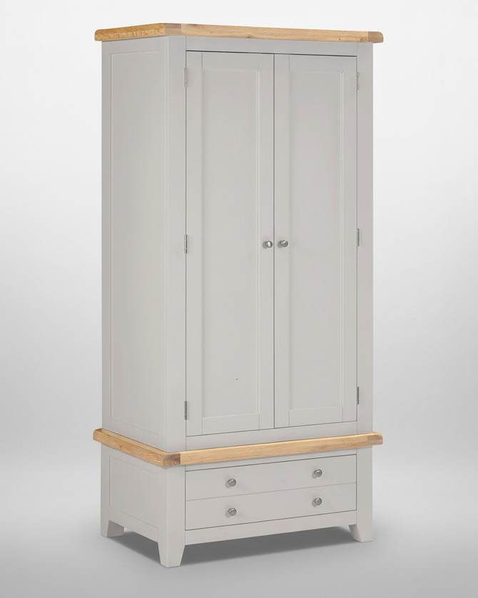 Hampton Pebble Grey 2 Door 1 Drawer Wardrobe HG100-101-230, modern grey wardrobe with two doors and two drawers, featuring light wood top and base, with round silver handles.