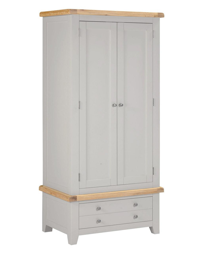 Hampton Pebble Grey 2 Door 1 Drawer Wardrobe HG100-101-230, modern grey wardrobe with two doors and two drawers, featuring light wood top and base, with round silver handles.