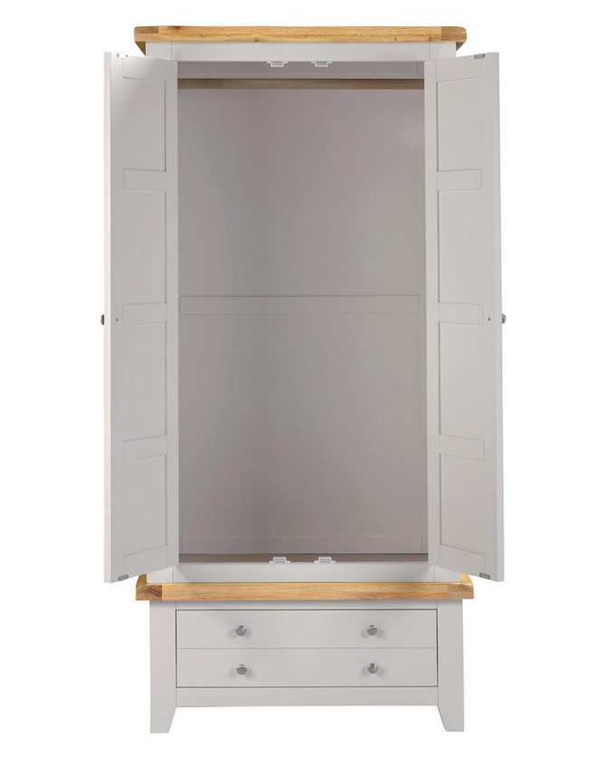 Hampton Pebble Grey 2 Door 1 Drawer Wardrobe HG100-101-230, featuring white exterior with natural wood accents, double doors opening to spacious storage with internal shelves, and a built-in drawer at the bottom for additional storage.