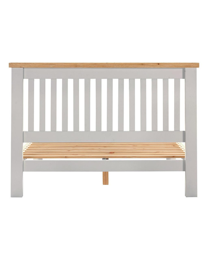 Hampton Pebble Grey 4'6" Bed Low Foot End HG200-203-132, a white and natural wood bed frame with a slatted storage shelf underneath.