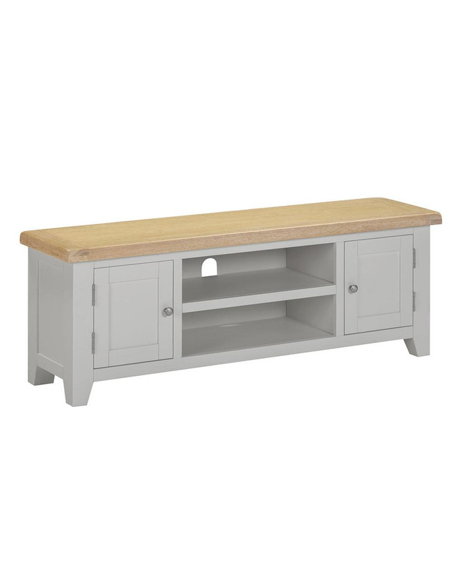 Hampton Pebble Grey Straight TV Unit HG300-305-068, modern TV unit with a light wood top and grey cabinet with open shelves and storage cabinets.