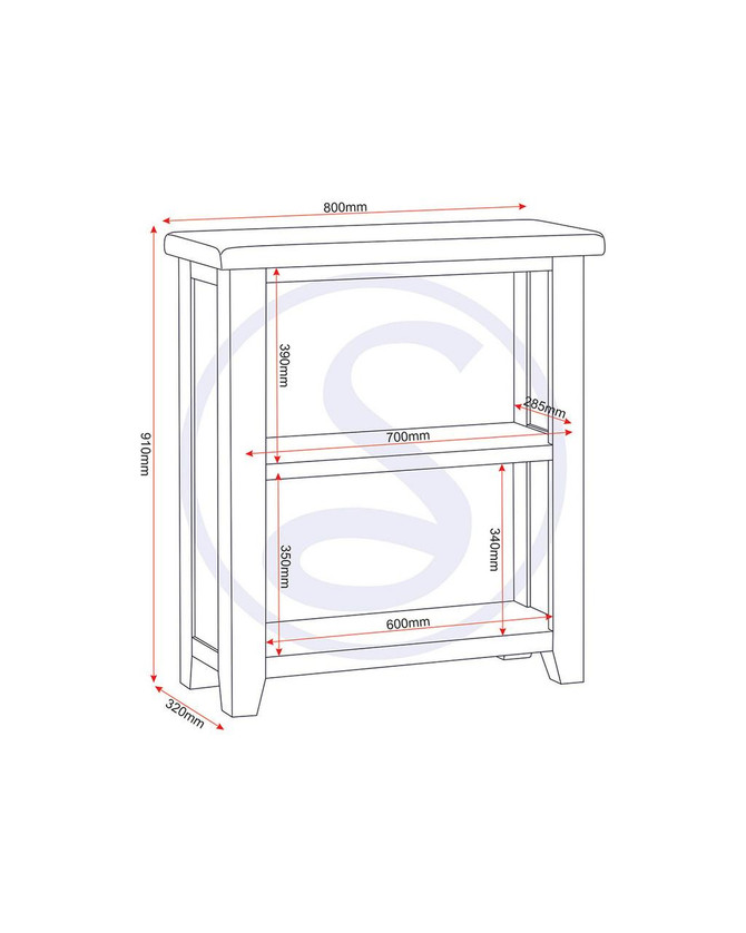 Hampton Pebble Grey Low Bookcase HG300-306-053, detailed technical drawing with dimensions in millimeters, showing overall height, width, depth, shelf heights, and spacing.