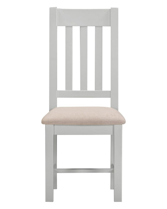 Hampton Pebble Grey Slatted Chair (Box of 2), white wooden dining chair with a slatted back and a beige upholstered seat for comfortable seating.