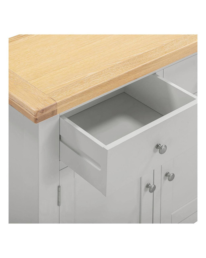 Hampton Pebble Grey 2 Door 2 Drawer Sideboard HG400-405-047, close-up image showing a modern sideboard with a natural wood top and grey painted base with drawers and doors.