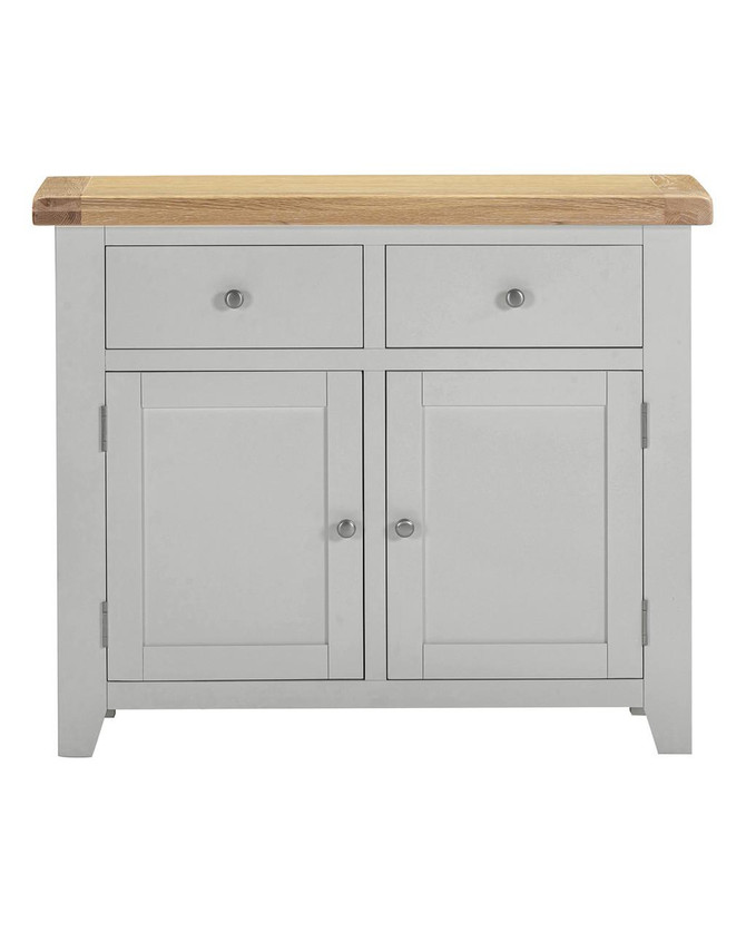 Hampton Pebble Grey 2 Door 2 Drawer Sideboard HG400-405-047, a modern sideboard with a white body, gray drawers with round knobs, and a natural wood top for stylish storage.
