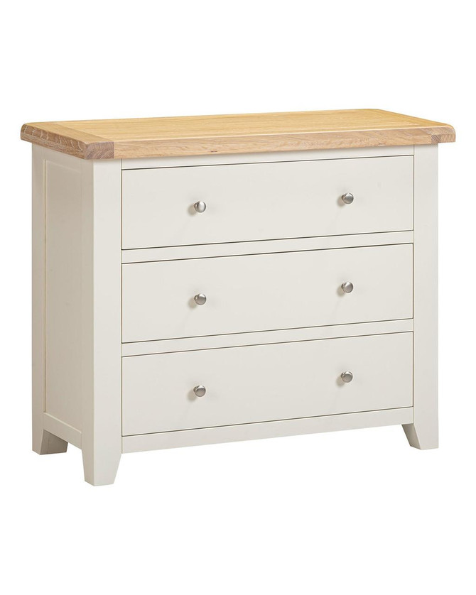 Hampton Ivory 3 Drawer Chest HI100-102-232, wooden top and white dresser with three drawers and metallic knobs for storage.