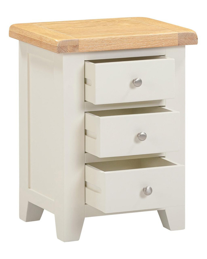 Hampton Ivory 3 Drawer Bedside, elegant white bedroom furniture with three spacious drawers and a contrasting wooden top.