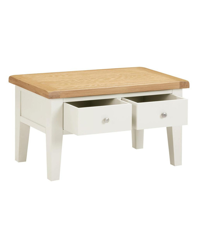 Hampton Ivory 2 Drawer Coffee Table HI300-301-090, a modern coffee table featuring a natural wood top and white-painted base with two drawers for storage.