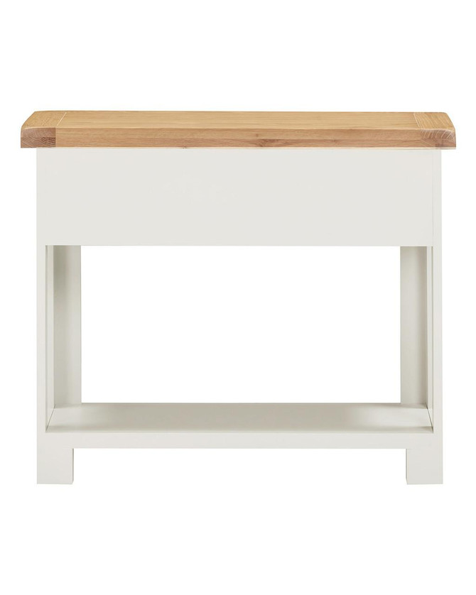 Hampton Ivory 2 Drawer Console Table, elegant white wooden frame with a natural wood top surface.