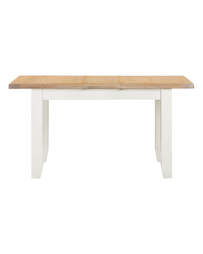 Hampton Ivory Extending Dining Table HI400-403-077, wooden table with a white painted base and natural wood finish extendable tabletop.