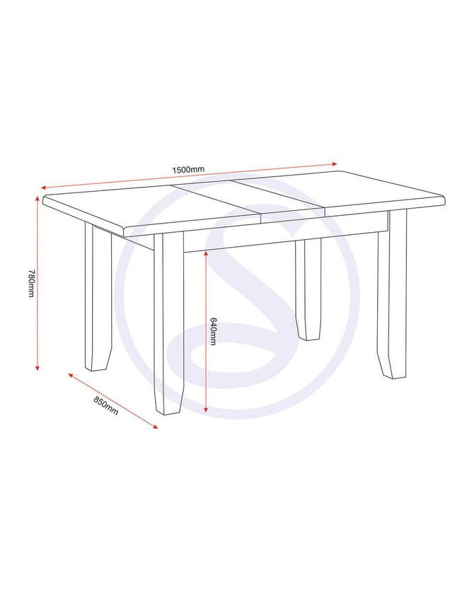 Hampton Ivory Extending Dining Table HI400-403-077, showing dimensions of 1500mm length, 780mm height, 850mm width, and 640mm leg height in a technical drawing.