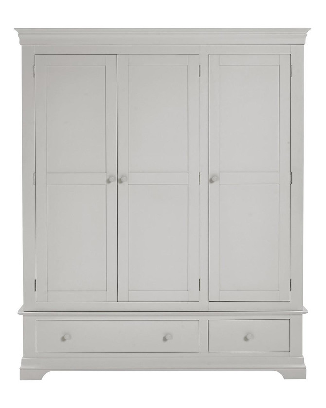 Vermont 3 Door Wardrobe in Pebble Grey VM100-101-234, white wardrobe with three doors and two drawers at the bottom.