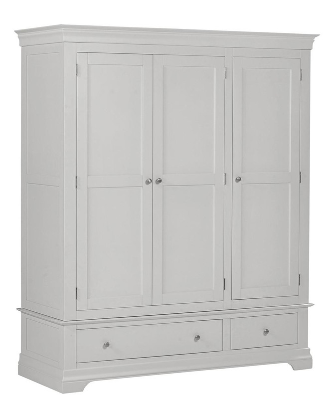 Vermont 3 Door Wardrobe in Pebble Grey VM100-101-234, a large white wardrobe with three doors and two drawers at the bottom, featuring a classic design and silver knobs.