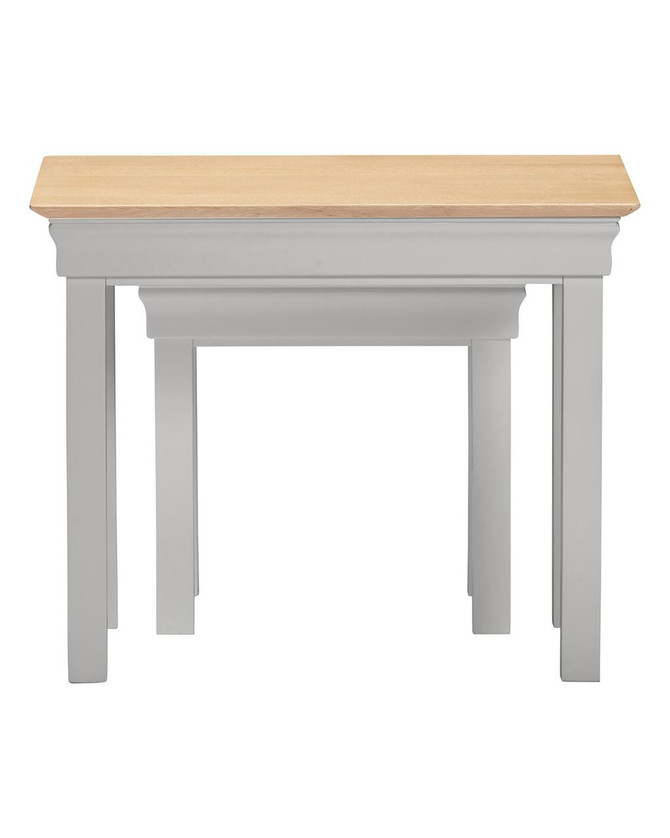 Vermont Nest of 2 Tables in Pebble Grey/Oak VM300-303-043, image showing two nested tables with a light oak top and pebble grey painted legs.