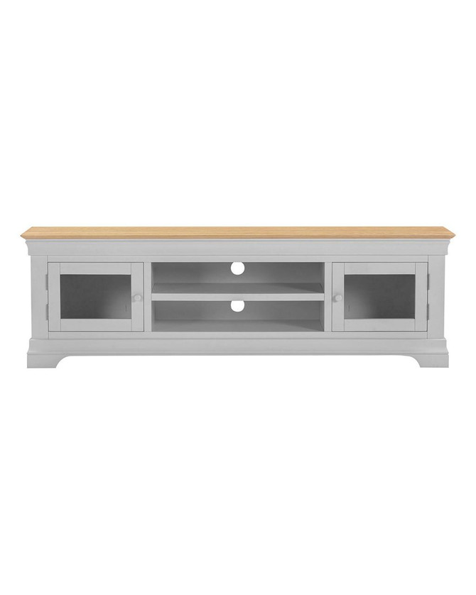 Vermont TV Stand in Pebble Grey/Oak VM300-305-061, modern wooden TV stand with open shelving and glass-paneled cabinets.