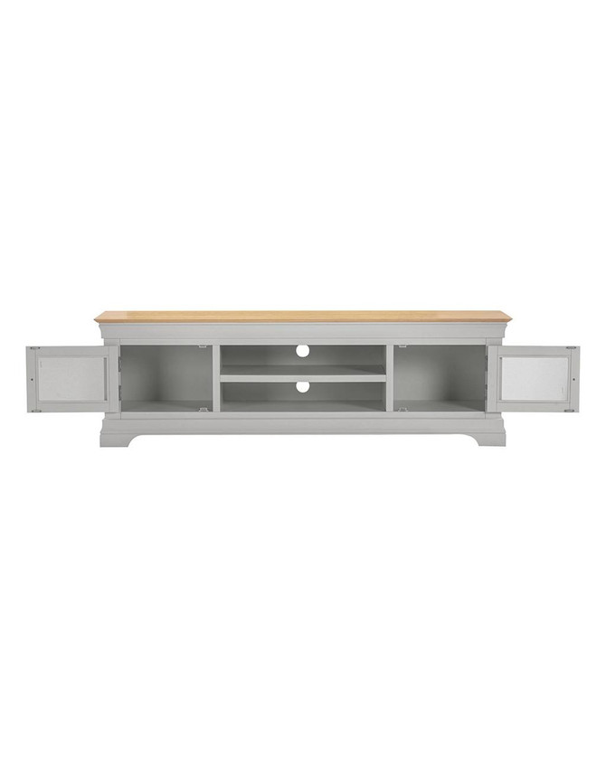 Vermont TV Stand in Pebble Grey/Oak VM300-305-061, a modern TV stand with open shelves and closed storage cabinets in Pebble Grey with a natural oak top.