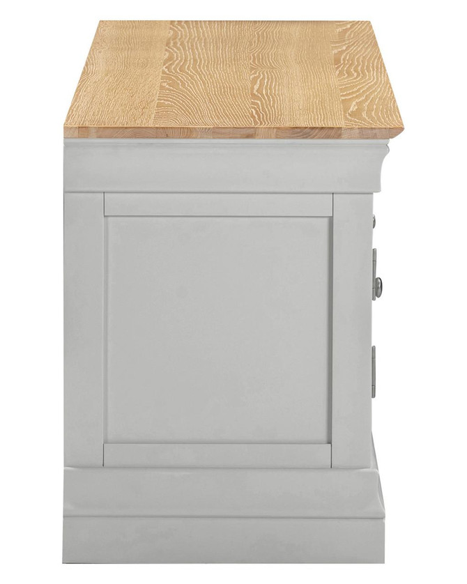 Vermont TV Stand in Pebble Grey/Oak VM300-305-061, modern TV stand with a wooden top and grey base with storage drawers.