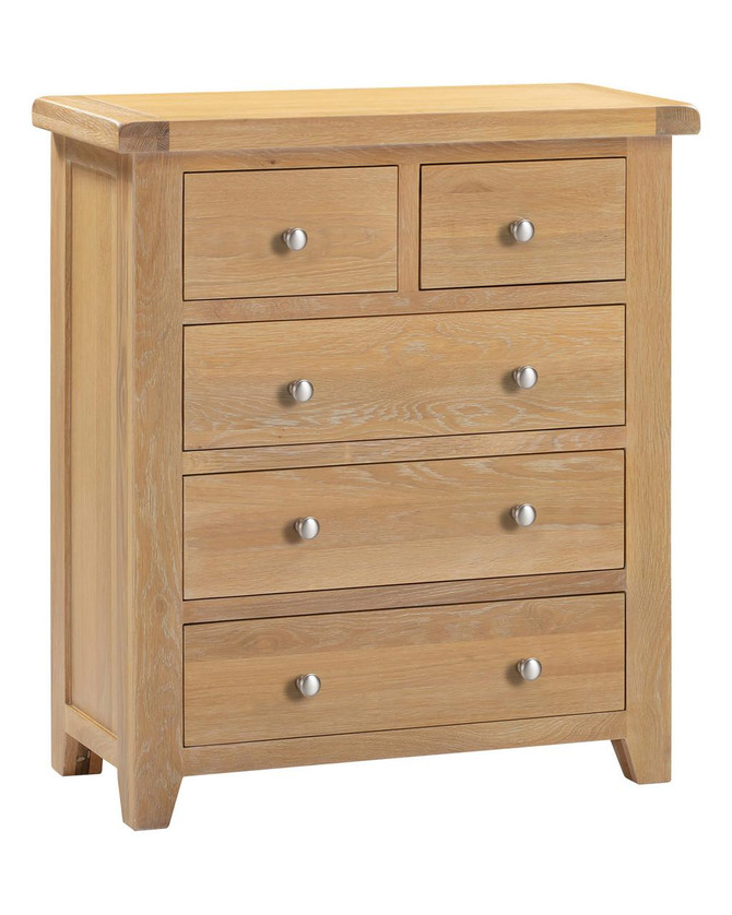 Hampton Oak 3+2 Drawer Chest HO100-102-221, a wooden oak chest of drawers with gold knobs and a natural oak finish, featuring five spacious drawers for storage.