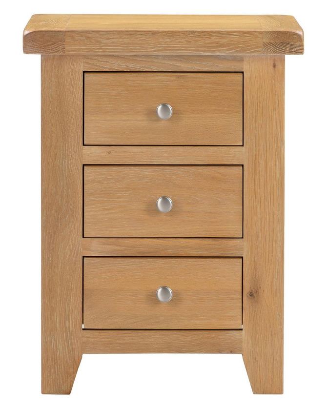 Hampton Oak 3 Drawer Bedside HO100-103-116, wooden bedside table with three drawers and silver round knobs.