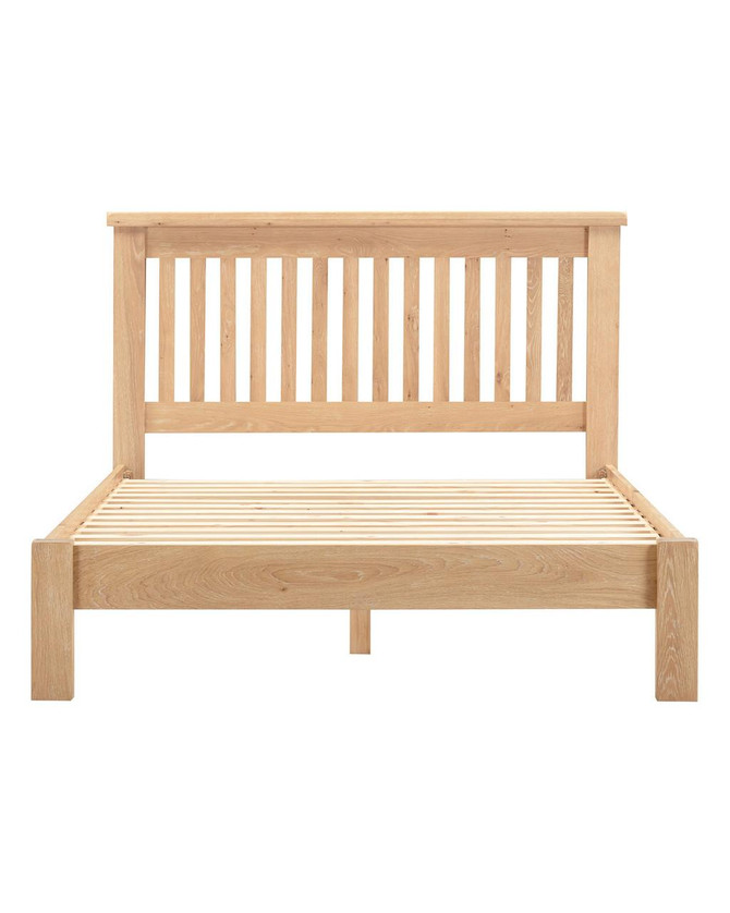 Hampton Oak 4'6" Bed Low Foot End HO200-203-131, wooden bed frame with slatted headboard and low foot end, crafted from natural oak wood.