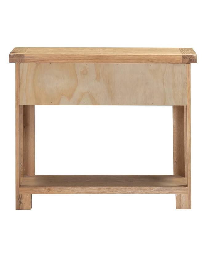 Hampton Oak 2 Drawer Console Table HO300-304-033, front view of wooden console table with two drawers and open lower shelf, made of oak with natural wood finish.