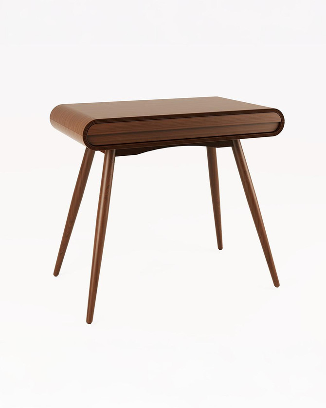 Walnut Drawer Desk JF-PC810-W, stylish wooden desk with a walnut finish and a sleek, modern design featuring a flat top surface and angled legs.