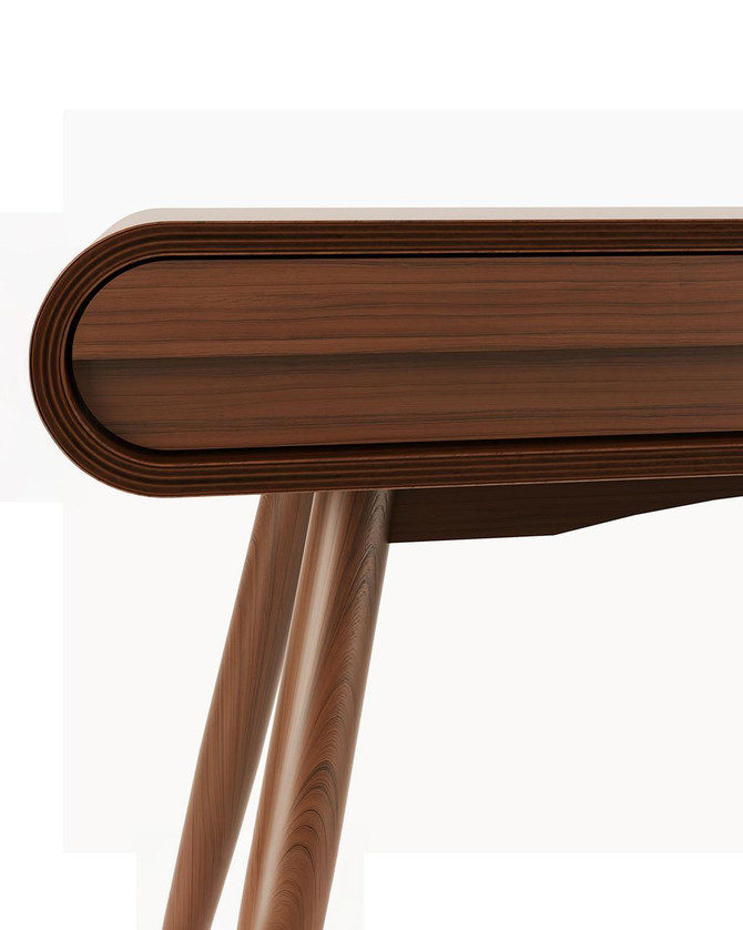 Walnut Drawer Desk JF-PC810-W, close-up view showing the rounded walnut wood top and angled legs.